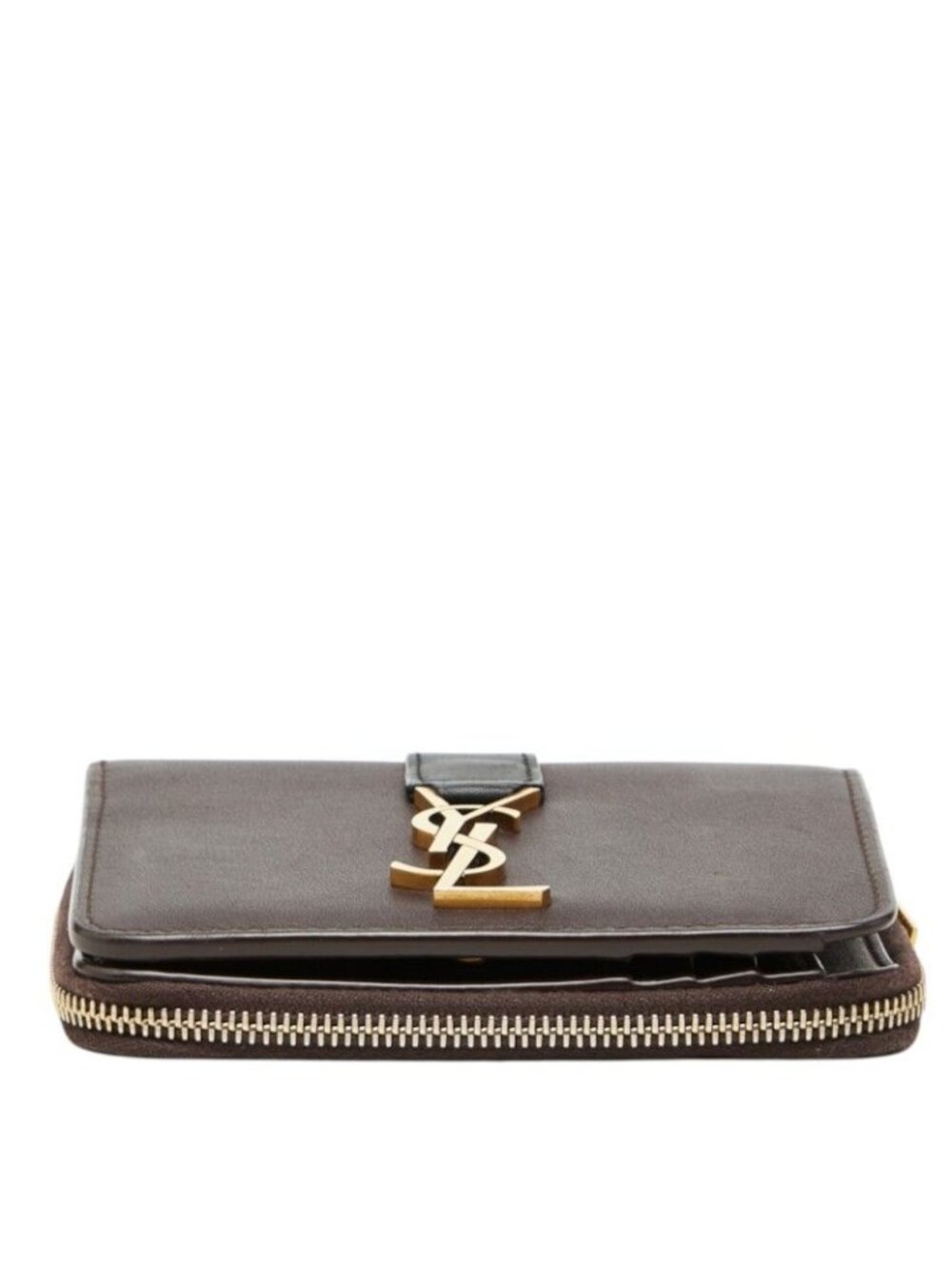 Saint Laurent YSL Logo Cassandra Compact Wallet Bifold Brown Black Leather - Picture 3 of 10